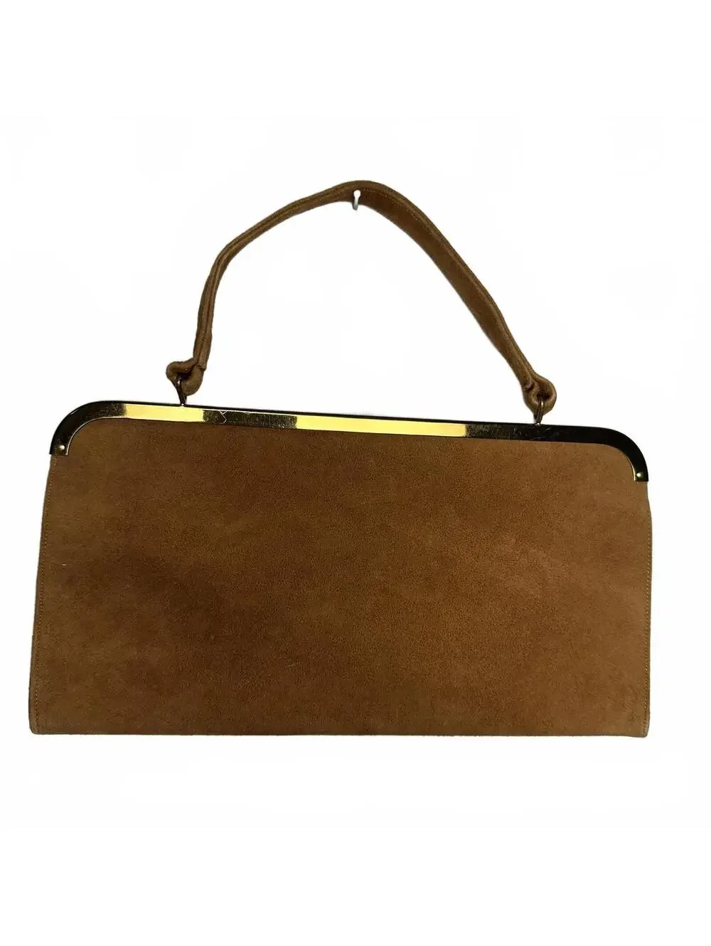 Vintage Camel Suede Clutch Purse w/ Top Handle & Gold Frame